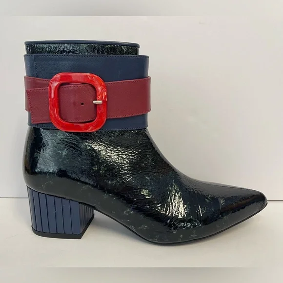 John Fluevog effortless Miranda Ankle Boots patent leather black heel sapphire 7